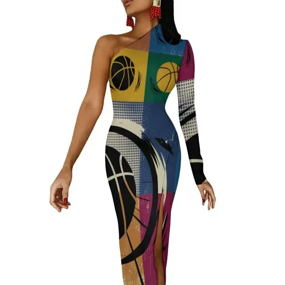 Women’s Basketball Jersey Dress One Sleeve Game Day Bodycon Dress Abstract Sport - Picture 2 of 3